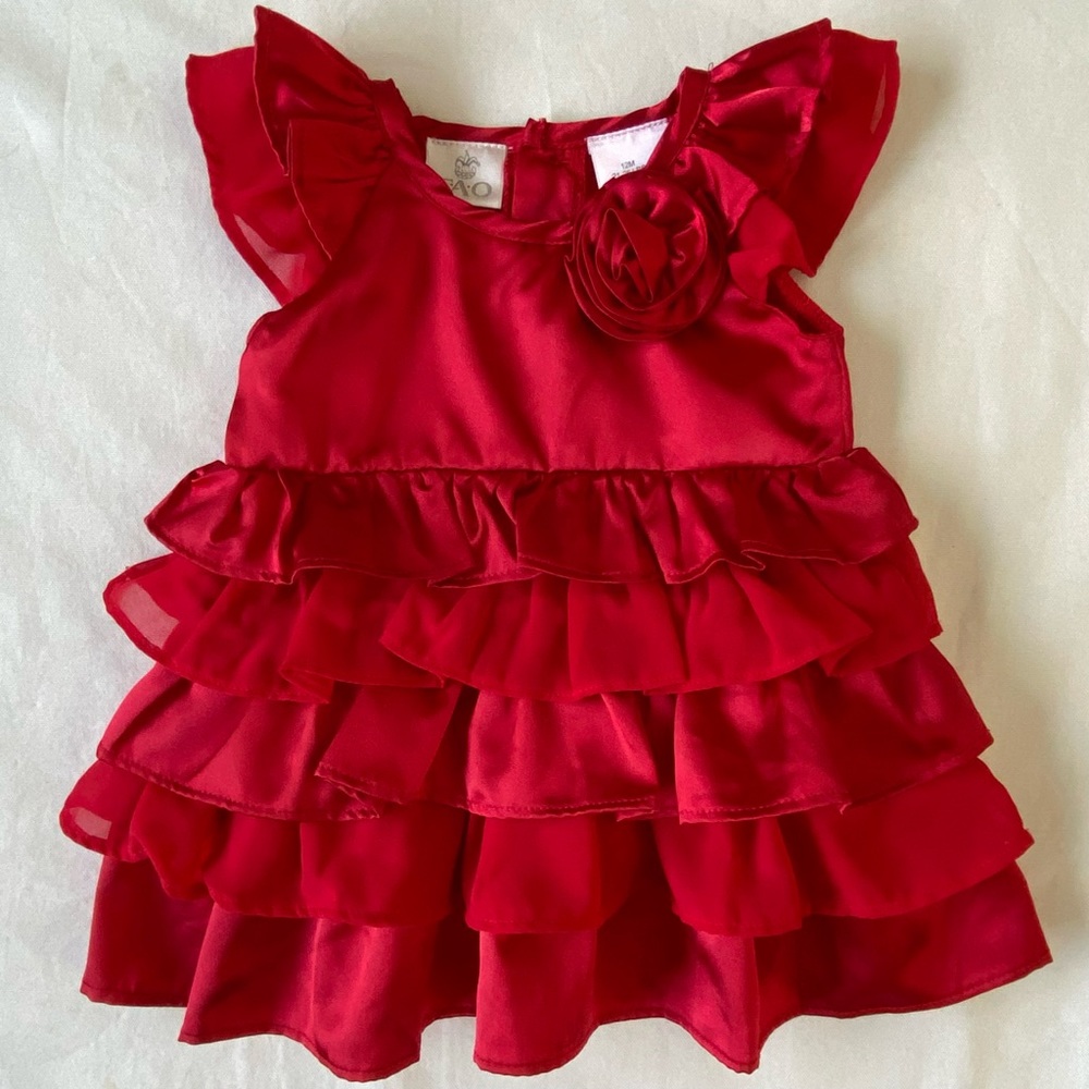 FAO Schwarz dress 12 months red satin rumba style flower Christmas baby girls